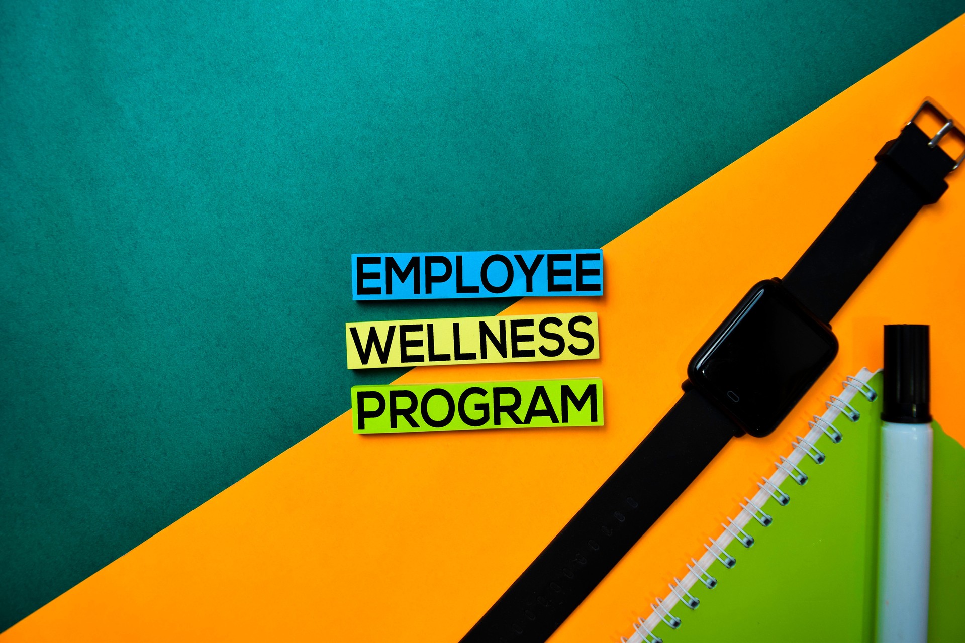 Employee Wellness Program text on top view color table background.