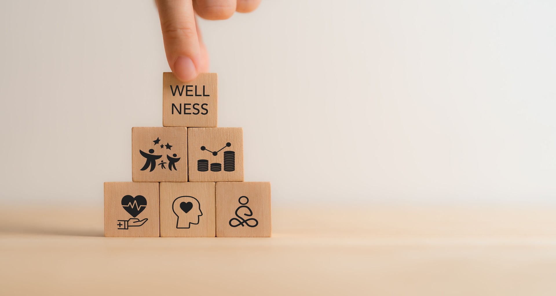 Wellness concept. Wooden cube blocks with health, mindfulness, mental health, happiness, financial stability and growth icons on white background. Balance, integration in achieving overall wellbeing.